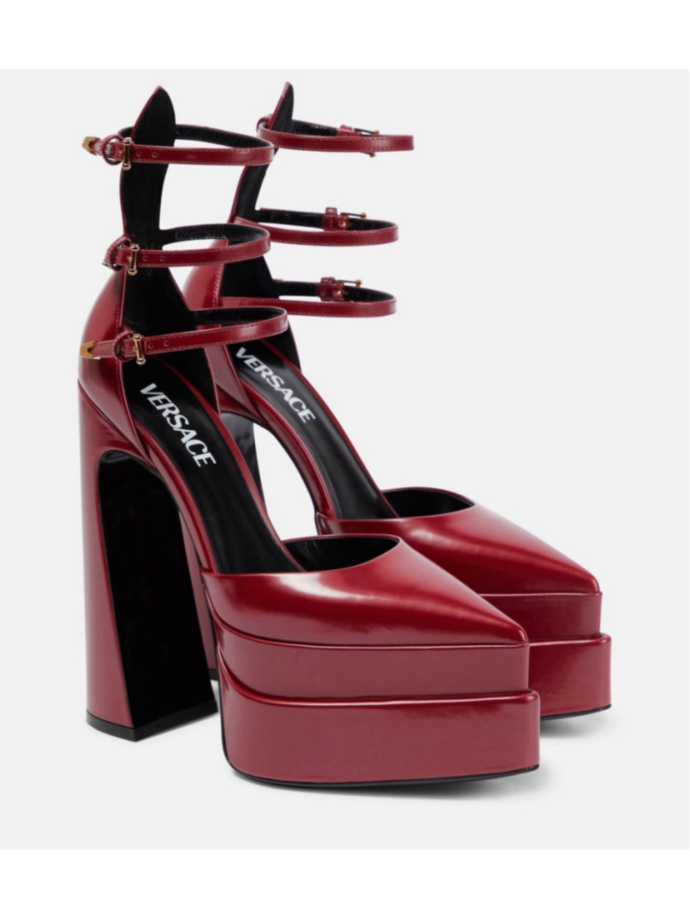 Versace Aevitas Pointy Pumps Heels Platform Mary Jane Burgundy Leather 37